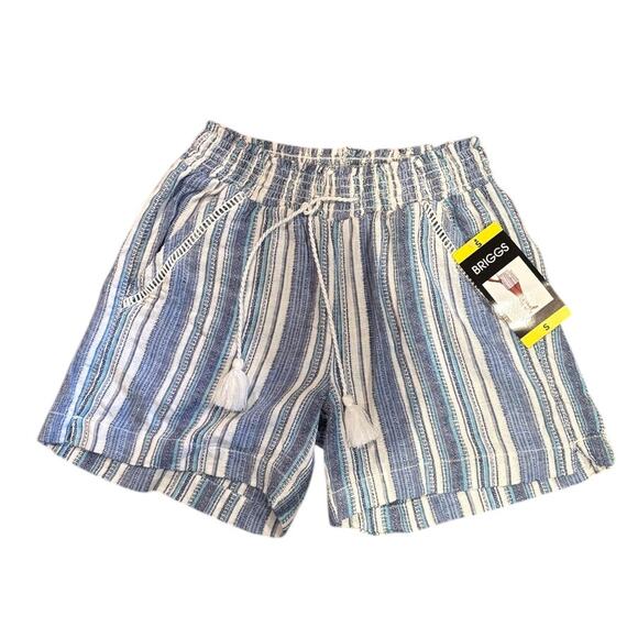 NWT Briggs Blue & White Striped Drawstring Cotton Madras Shorts, Size Small - Picture 1 of 3